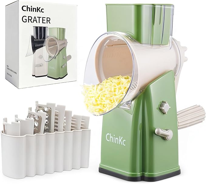 Upgrade Rotary Cheese Grater Shredder with Handle, Strong Suction Base, Multi-purpose Rotary Grater Slicer with 5 Interchangeable Blades for Ice, Vegetables, Fruit, Nuts with Blade Storage Box