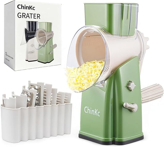 Upgrade Rotary Cheese Grater Shredder with Handle, Strong Suction Base, Multi-purpose Rotary Grater Slicer with 5 Interchangeable Blades for Ice, Vegetables, Fruit, Nuts with Blade Storage Box