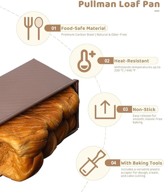 Pullman Loaf Pan with Lid & Dough Scraper Cutter, Nonstick Carbon Steel Bread Baking Pan, Heavy Duty Bakeware, Perfect for Homemade Sandwich, Sourdough, Toast & Cake