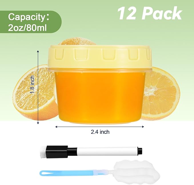 12 Piece 2 oz Plastic Food Storage Containers with Lids, Reusable Freezer Storage Containers, Small Meal Prep Containers with Pen and Brush, BPA-Free, Screw Top, Microwave & Dishwasher Safe