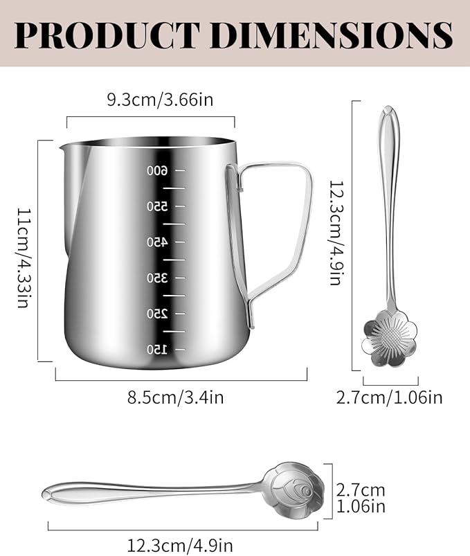 Milk Frothing Pitcher 20oz/600ML with Clear Scale 1PCS, Stainless Steel Cappuccino Espresso Machine Accessories for Barista Coffee Bar Attached Dessert Spoons 2PCS