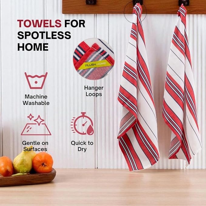 Kitchen Towel Set of 6, 100% Cotton Quick-Drying Absorbent Dish Towels & Tea Cloths, 20x30 Inch Decorative Farmhouse Towels for Kitchen, Pink Navy White Stripes