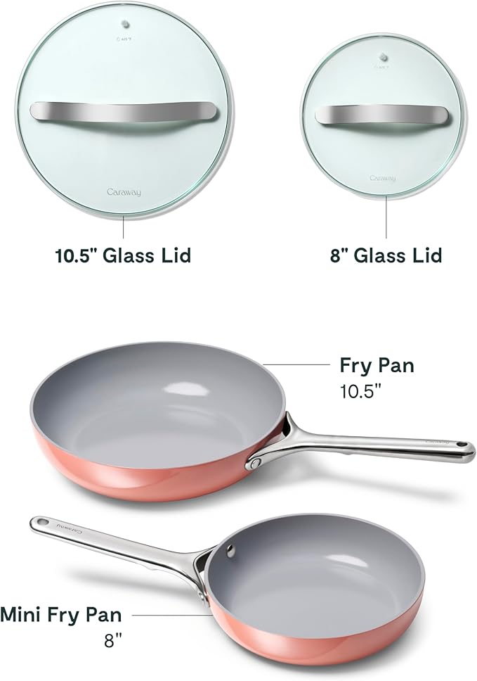 Caraway Ceramic Fry Pan Duo with Glass Lids - Non-Stick Frying Pans (10.5” & 8”) - Non Toxic, PTFE & PFOA Free - Oven Safe & Compatible with All Stovetops – Perracotta