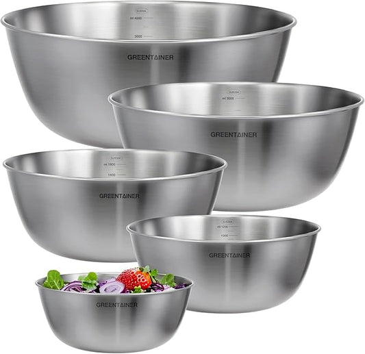 Greentainer 5-Piece Stainless Steel Mixing Bowls Set for Kitchen, Nesting Bowls for Mixing, Baking, Prepping, Cooking and Serving Food, Metal Mixing Bowls Dishwasher Safe