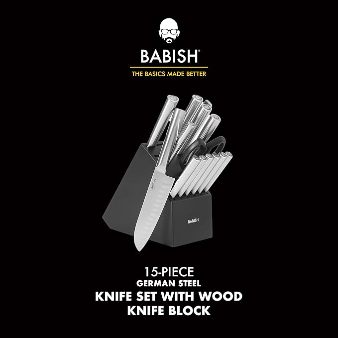 Babish High-Carbon 1.4116 German Steel 15 Piece Full Tang Forged Cutlery Kitchen Knife Block Set - Stainless Steel