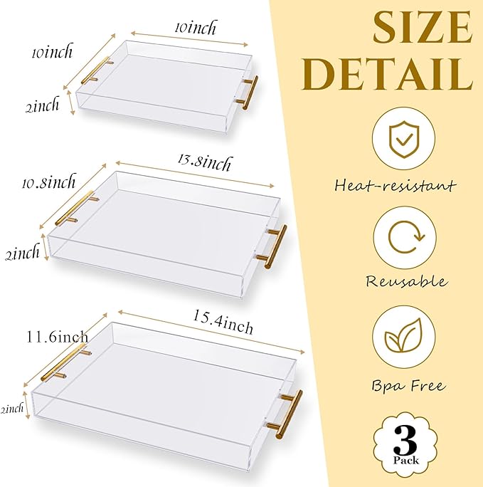 3 Pack Clear Acrylic Serving Tray with Gold Handles, Spill-Proof Acrylic Tray, Decorative Organizer Tray for Coffee Table Countertop Bathroom Vanity Appetizer Breakfast