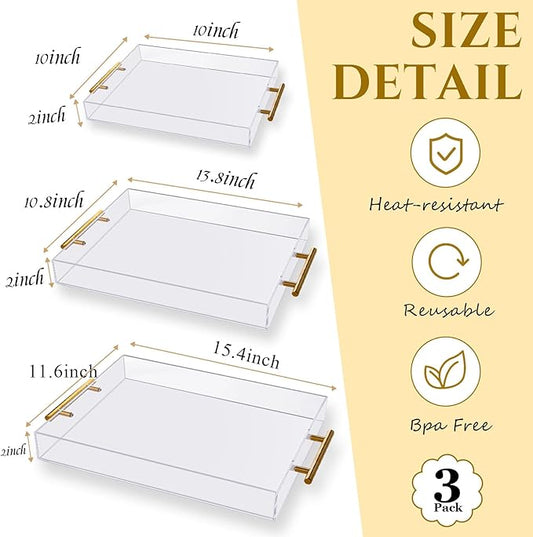 3 Pack Clear Acrylic Serving Tray with Gold Handles, Spill-Proof Acrylic Tray, Decorative Organizer Tray for Coffee Table Countertop Bathroom Vanity Appetizer Breakfast
