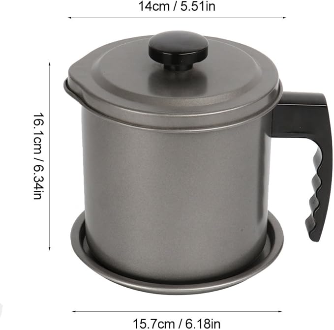 Cambom Bacon Grease Container with Fine Mesh Strainer, 1.3 L almost 6 Full Cups Iron Cooking Oil Can with Removable a Coaster Tray for Kitchen Fat Storage Grey