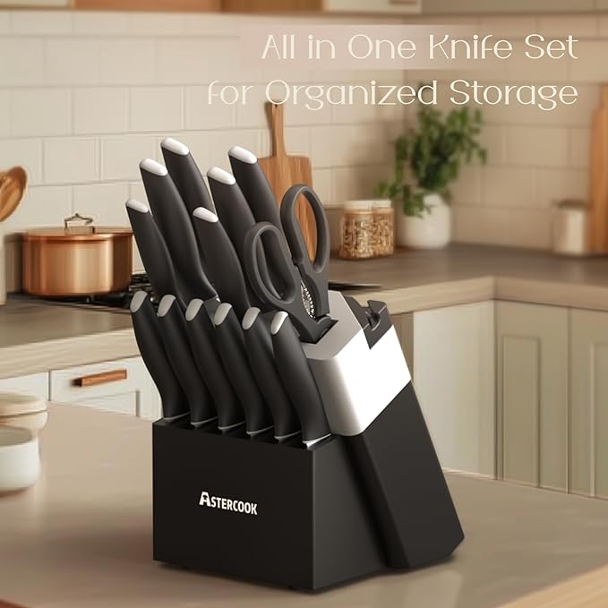 Astercook Knife Set, Kitchen Knives with Block and Sharpener Ceramic Coating 15 Pcs German Stainless Steel Knives Sharp Blade Dishwasher Safe Deba Knives with Ergonomic Handle, Elegant Black