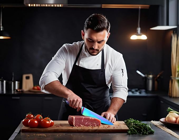 WELLSTAR Rainbow Knife Set 7 Pieces, Iridescent German Stainless Steel Kitchen Knives Set with Acrylic Stand Holder, Colorful Titanium Coating, Chef’s Knife Block Set with 2 Stage Mini Knife Sharpener