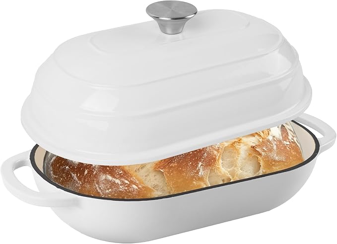 Fijxzct Premium Enameled Cast Iron Dutch Oven for Bread Baking | Non-Stick 5QT Oval Bread Oven with Lid | Perfect for Sourdough, Loaf, and Artisan Baking (Beige, 5 QT)
