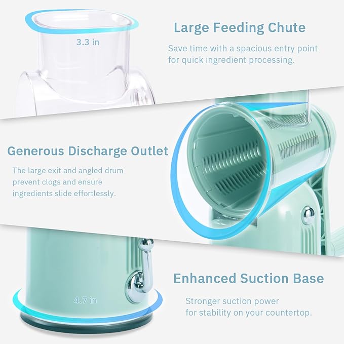 Manual Rotary Cheese Grater with Handle, 5 in 1 Replaceable Stainless Blades Cheese Shredder,Strong Suction Base Vegetable Slicer with Cleaning Brush & Bonus Storage Box for Blades (green)