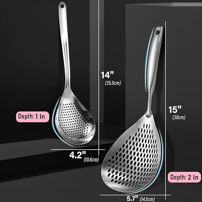 KAYCROWN Skimmer Slotted Spoon, 2 Pack Stainless Steel Pasta Spider Strainer Ladle for Frying and Cooking, Frying Strainer Spoon, Kitchen Cooking Skimmer Colander