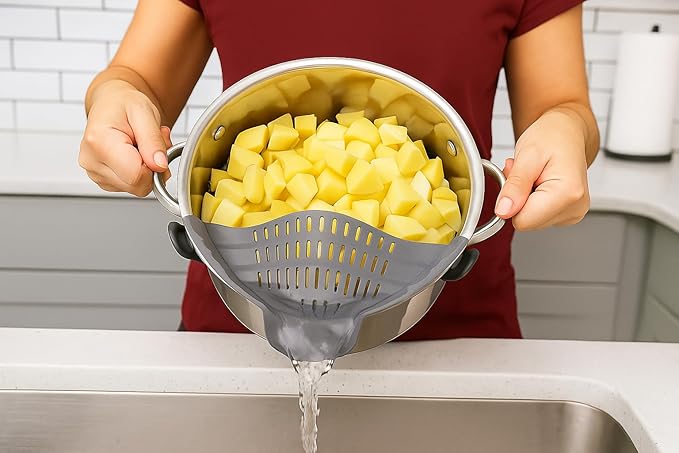 Clip on Strainer Silicone for All Pots and Pans, Colander, Pot Strainer for Pasta, Meat, Vegetables, Space Saving Design, Food-Safe with Collapsible Funnel, Garlic Peeler, 3 Pack (Gray)