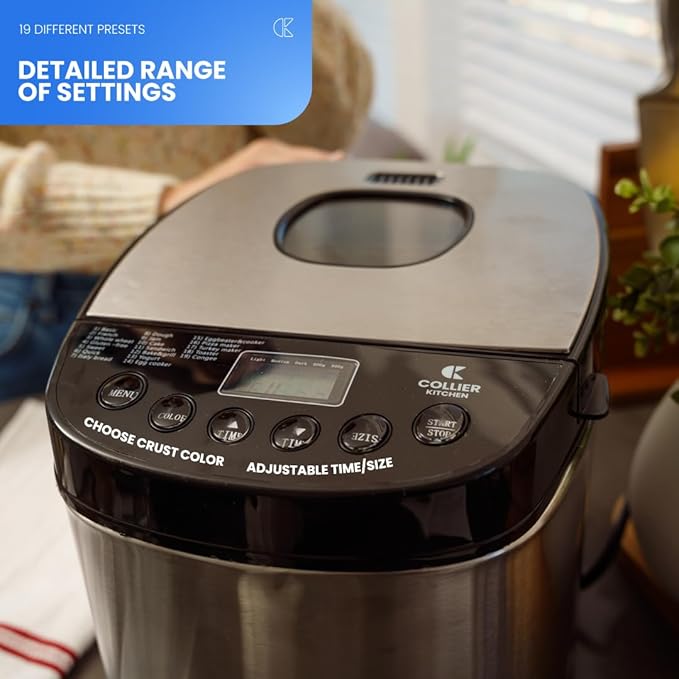 Automatic Bread Maker with Multiple Settings | Compact Bread Machine with Viewing Window and Adjustable Crust Control | Easy Home Bread Maker by Collier Kitchen