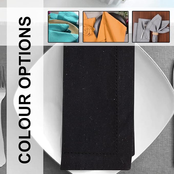 LFH Home Hemstitched Cloth Dinner Napkins 18x18 Inch Set of 12 - Reusable 100% Cotton Machine Washable Cocktail Napkins with Metered Corners for Daily, Party, Wedding, Bar Use - Black