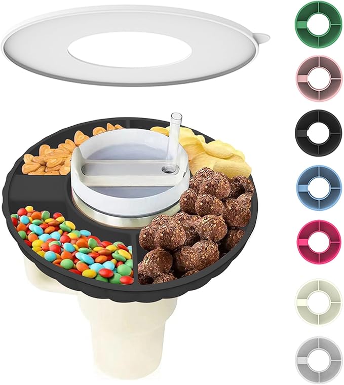 Snack Bowl for Stanley Cup, Silicone Snack Tray with Lid Compatible with Stanley Cup 30 oz, Reusable Snack Ring Suitable for Car Cup Holder, Home, Outdoor, Cup Accessories (1Pcs, Black)