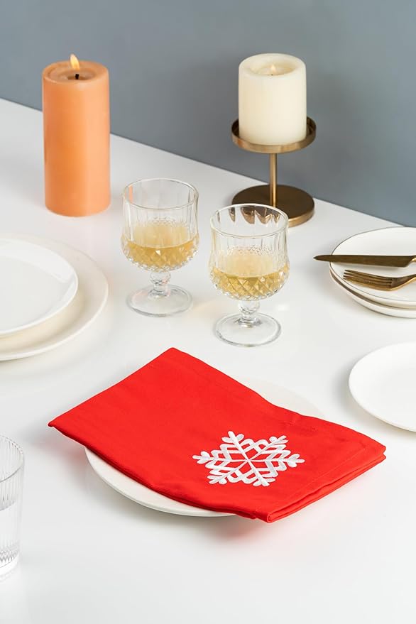 Christmas Cloth Napkins White Dining Table Dinner Napkins| Washable Cotton Napkins Easter Basket Decor|Snowflakes Embroidered 18x18 in Red Pk of 6 Cocktail Party Napkins
