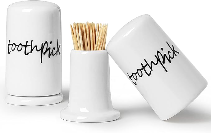 ONTUBE Ceramic Toothpick Holder Dispenser with Lid, Set of 2, White