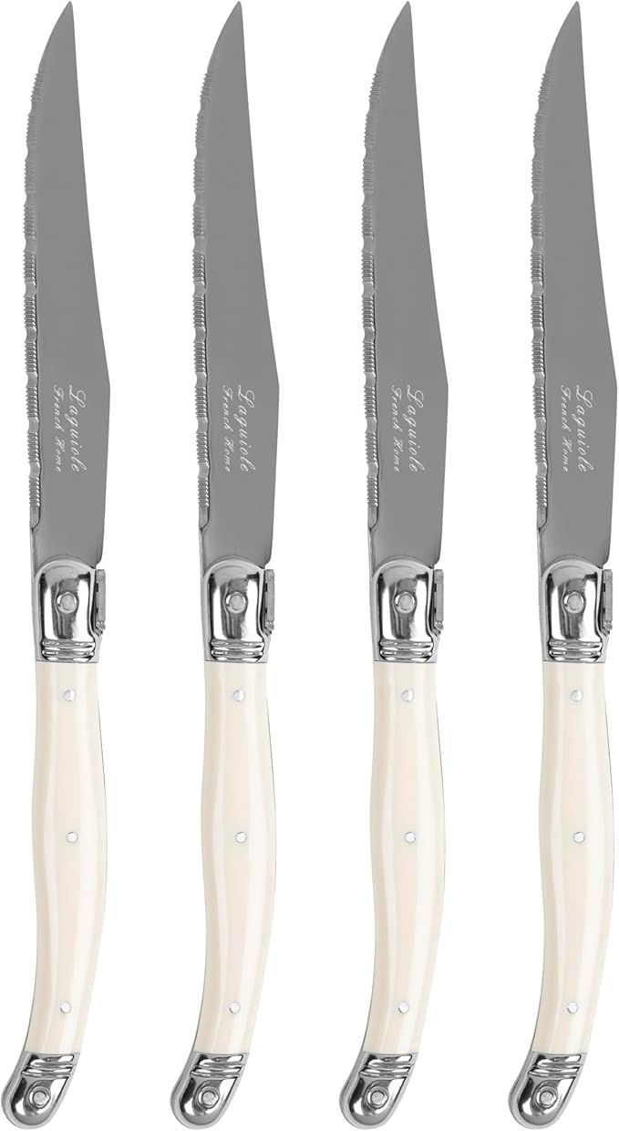 French Home Laguiole Connoisseur 4-Piece Steak Knife Set – Stainless Steel with Ivory-Colored Handles, Etched Detailing & Napoleon Bee Emblem – Serrated Knives for Smooth Cutting (9.25")