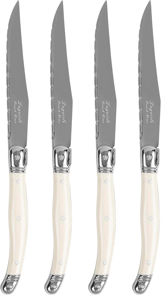 French Home Laguiole Connoisseur 4-Piece Steak Knife Set – Stainless Steel with Ivory-Colored Handles, Etched Detailing & Napoleon Bee Emblem – Serrated Knives for Smooth Cutting (9.25")