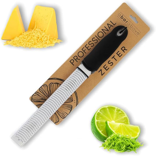 A Bar Above Lemon Zester and Cheese Grater, Professional 12 Inch Stainless Steel Hand Grater for Citrus, Parmesan, Ginger, Chocolate, Ergonomic Handle, Dishwasher Safe, Perfect Kitchen Gadget, Black