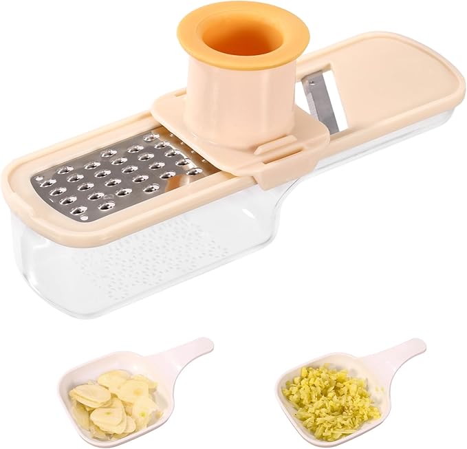 Mini Garlic Slicer, 3-in-1 Multi Function Mandoline Slicer with Container for Grinding Grating and Mincer Slicing Garlic Ginger Vegetable Practical Home Kitchen Appliances Essentials Tool(White)