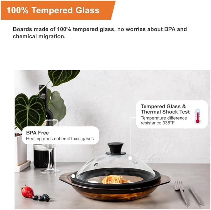 OEC Vented Splatter Guard Microwave Glass Cover for Food with Easy-Grip Handle, 10 inch Diameter, 100% Food Grade Tempered Glass & BPA Free Silicone Rim with Steam Vent, Dishwasher Safe