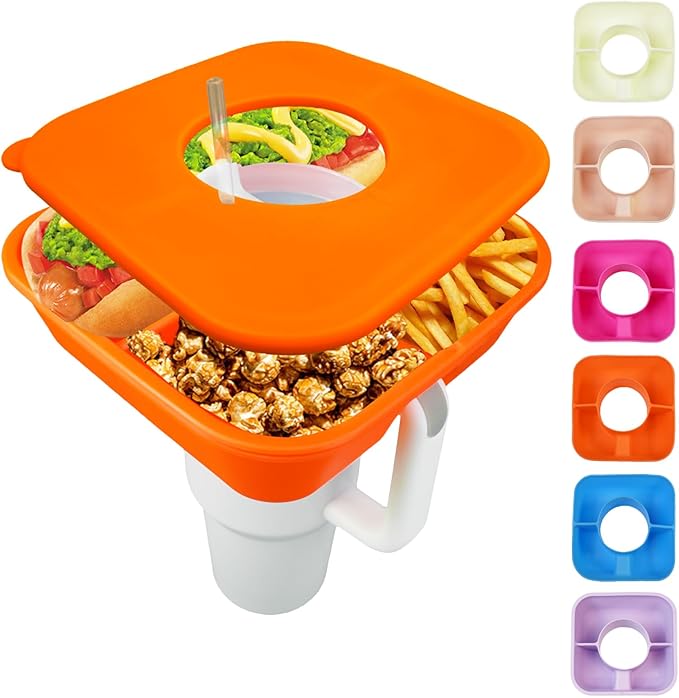 Snack Bowl for Stanley Cup 40 oz Tumbler, Reusable Snack Tray with Lid, Snacks Ring, Silicone Food Holder for Stanley Cup Accessories (Orange)