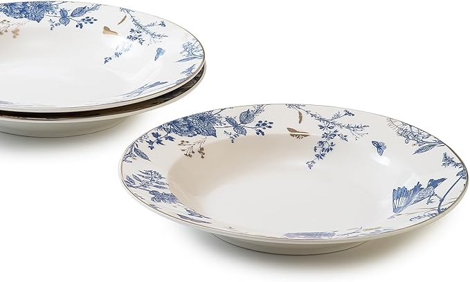 Soup and Pasta Bowls Set of 4,Ceramic Soup Bowls Dinner Bowls Plates Porcelain 9 inches Wide Rim Bowls Set Floral Dinnerware Set Pasta Plates Ideal Serving for Soup,Dessert,Noodle,Thanksgiving