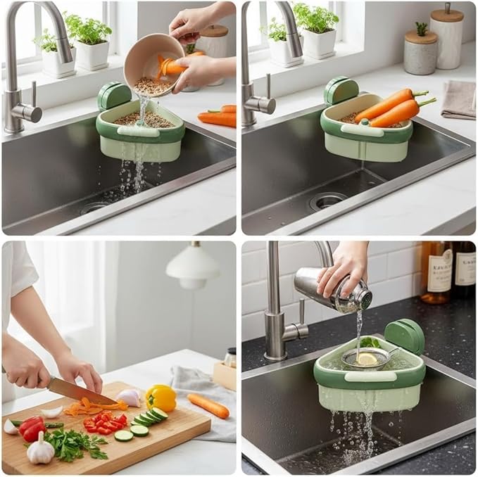 Corner Sink Strainer Food Waste Catcher for Sink, 2025 New Upgraded Suction Cup Press Sink Drainer Basket, Automatic Dumping Sink Strainer Basket (Green)