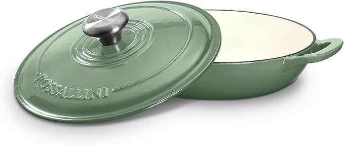 ROSSALLINI Signature Enameled Cast Iron Braiser, Non-Stick Serving Pot with Tight Fitting Lid for Perfect Roasting, Baking, Sauteing, Searing, and Pan Frying | 5Q (4.7L) - Sage