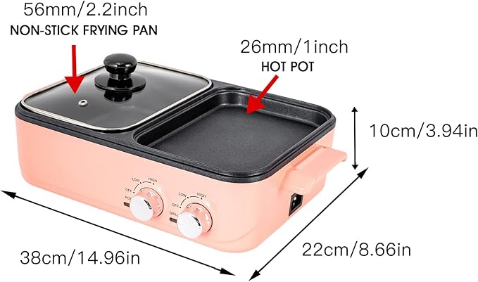 Small Electric Hot Pot with Grill, Pink 2 in 1 Indoor Non-Stick Electric Hot Pot and Griddle for BBQ, Steaks, Independent Dual Temperature Control, 14.96 * 8.66 * 3.94 inch