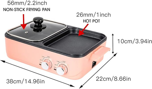 Small Electric Hot Pot with Grill, Pink 2 in 1 Indoor Non-Stick Electric Hot Pot and Griddle for BBQ, Steaks, Independent Dual Temperature Control, 14.96 * 8.66 * 3.94 inch