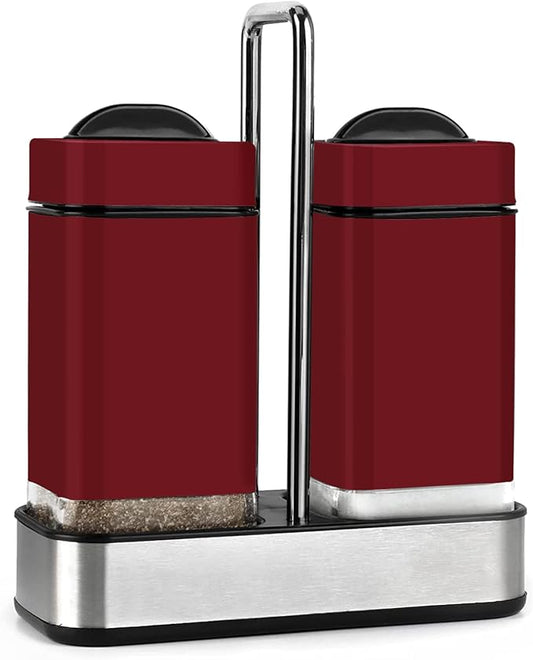 Red Salt and Pepper Shakers Set with Holder, Salt Shaker with Adjustable Pour Holes, Stainless Steel Refillable Spice Dispenser by Aelga