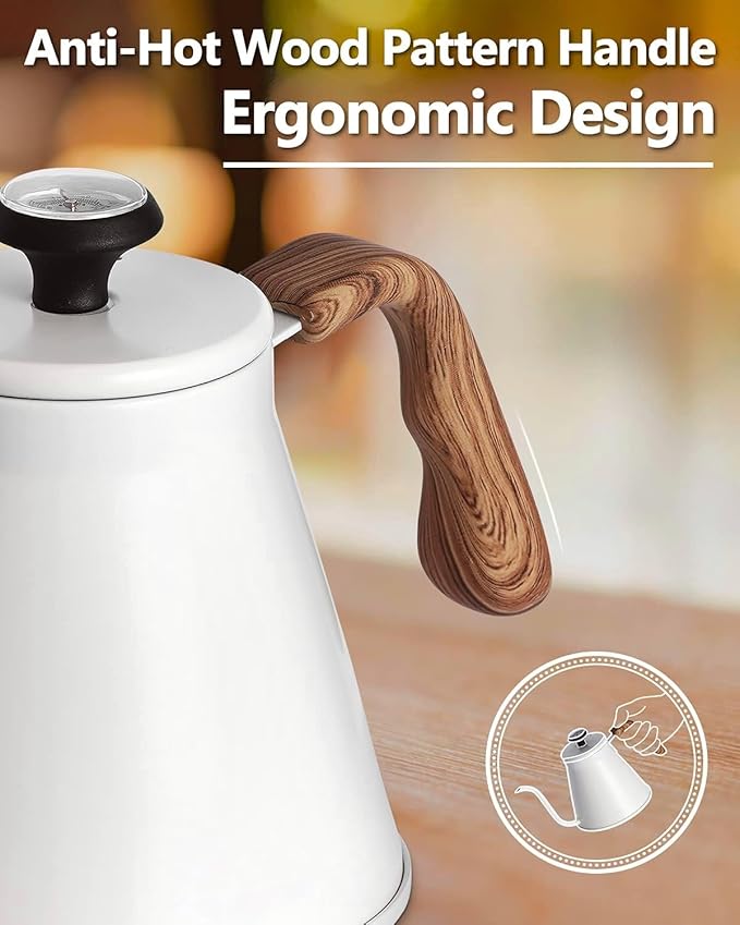 Gooseneck Kettle with Thermometer for Pour Over Coffee and Tea, 37 fl oz, Stainless Steel, Durable 3-Layer Base, Ideal Spout for Precision Pouring, Compatible with all Stove Tops (White)