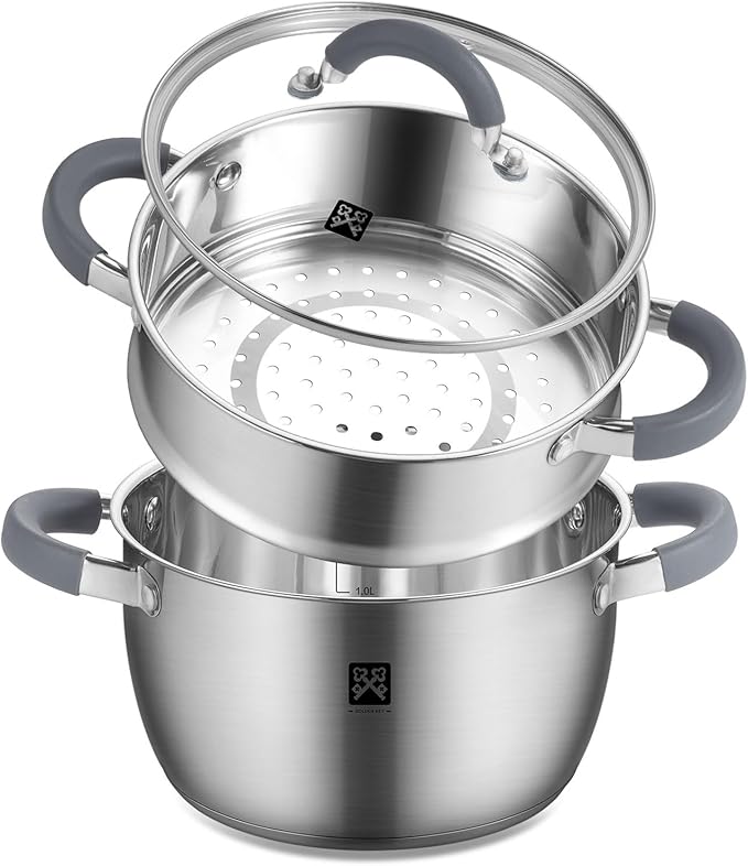 GOLDEN KEY 3.2 QT Steamer for Cooking,Steamer Pots with Vegetable Steam Basket,2-Tier Multipurpose 18/8 Stainless Steel Steaming Pot Cookware for Vegetable,Soup, Food,Dumplings,Oven & Dishwasher Safe