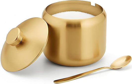 15oz Sugar Bowl with Lid And Spoon, Stainless Steel Sugar Creamer Container, Round Sugar Jar, Durable Sugar Pot for Coffee Bar Accessories, Coffee Bar Decor, Home and Kitchen Storage, Gold
