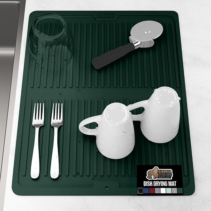 GORILLA GRIP 100% BPA-Free Silicone Dish Drying Mat for Kitchen Counter, 18x16, Quick Dry, Water Catching Ribbed Design, Easy Clean Waterproof Sink Liner, Heat Resistant, Fits Under Rack, Hunter Green