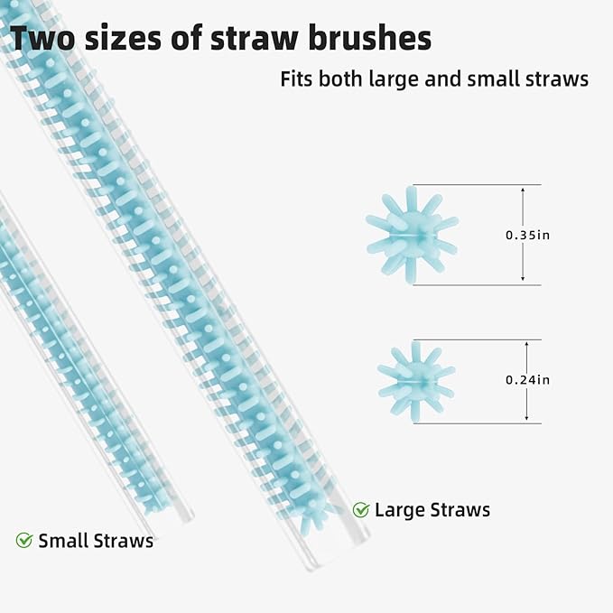Silicone Straw Cleaner Brush, 4-Piece Reusable Straw Brush Set with Extra-Long Design for Cleaning Thin Metal Straws and Wider Milkshake Straws （6mm+9mm Blue)