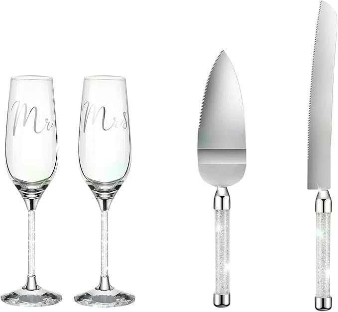 Wedding Cake Knife and Champagne Flutes Server Set | Bride & Groom Champagne Glasses | Toasting Glasses for Parties and Cake Cutting Set – for Wedding, Engagement, Bridal Shower Gifts(Silver)