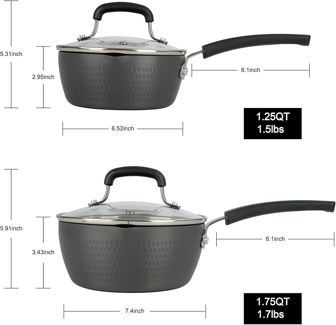 ONGIFT Nonstick Small Sauce Pan with Lid, 1.25 Quart and 2.4 Quart Sauce pan with Pour Spouts, Multipurpose Handy Little Saucepan with Stay Cool Handle, Small Pots for Cooking, Soups, Noodles, Milk