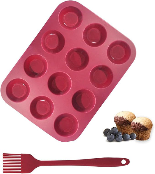 Sinoskye Silicone Muffin Pan, 12-Cup Cupcake Pan with Silicone Pastry Brush for Mini Egg Muffin, Keto Diet, BPA Free, Dark Red