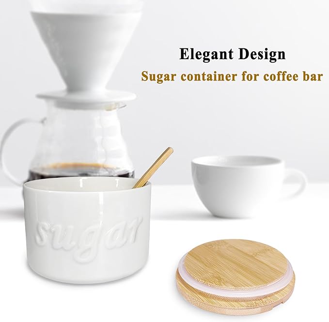 Sugar Bowl with Lid and Spoon, 16 OZ Airtight Sugar Container for Coffee Bar, Farmhouse Ceramic Jar, Sugar Holder Coffee Bar Accessories for Countertop, White