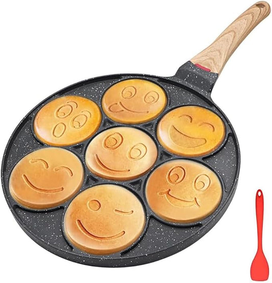 Nonstick Pancake Pan, Smiley Face Pancake Frying Pan, 7 Holes Mini Pancake Maker for Kids 10.4 in, Gas only - Black