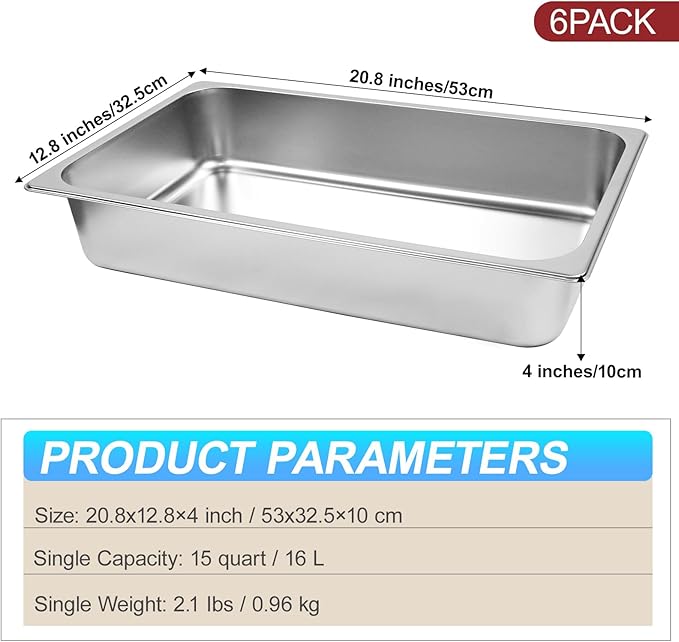 Carivia 6 Pack Hotel Pans, 1/1 Size 4" Deep Stainless Steel Trays for Food, 20.8" L x 13" W Catering Food Pan Commercial Table Pan for Hotel, Restaurant, Buffet, Party Supplies