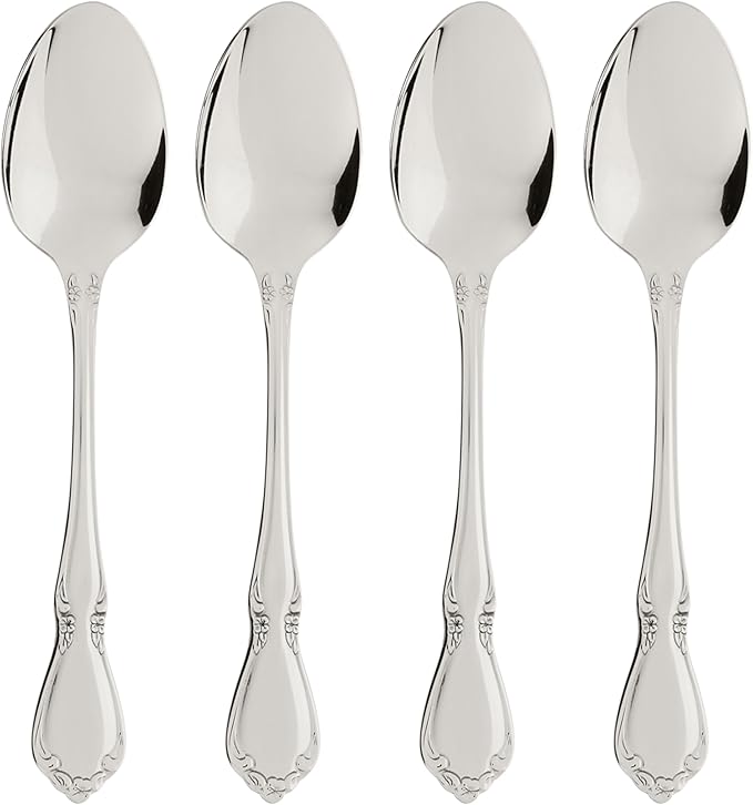Oneida Spoons Silverware, Chateau Fine Flatware 4-Piece Teaspoons Set, 18/10 Stainless Steel Teaspoon Set, Service For 4, Dishwasher Safe, Small Spoons, Coffee Spoon, Tea Spoon (Silver, 4 Piece)
