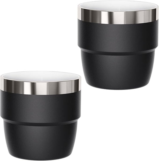 4 oz Small Espresso Cup, Ceramic-Lined 18/8 Stainless Steel, Double-Wall Vacuum Insulated, Stackable, Dishwasher Safe, Fits Most Espresso Machines, for Espresso Shots (Black, 2 Pack)