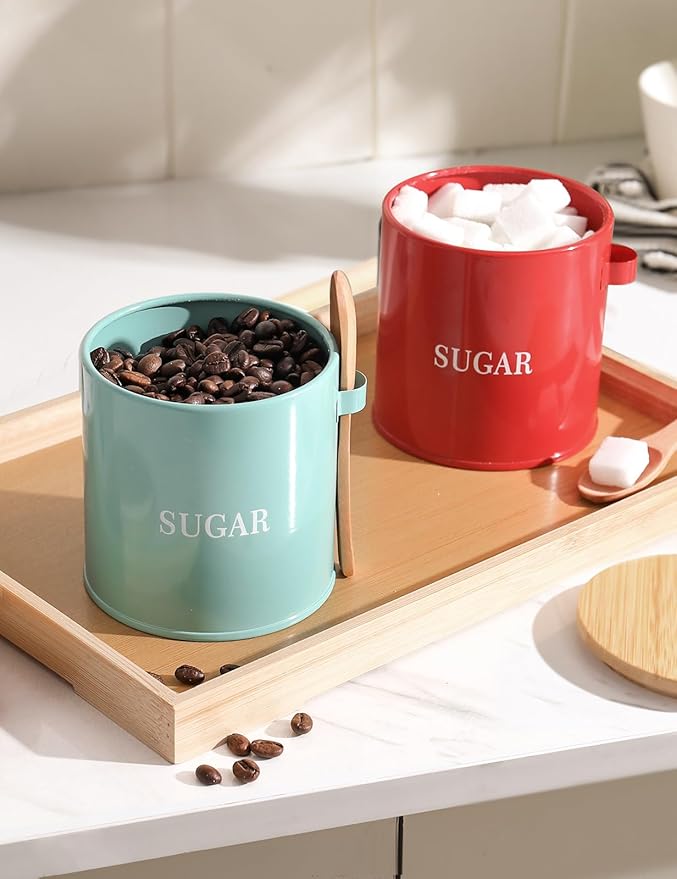 AISBUGUR Sugar Bowl with Lid and Spoon: 17oz Metal Sugar Container - Airtight Food Sugar Jar - Coffee Bar Accessories - Countertop Kitchen Decor (Red)