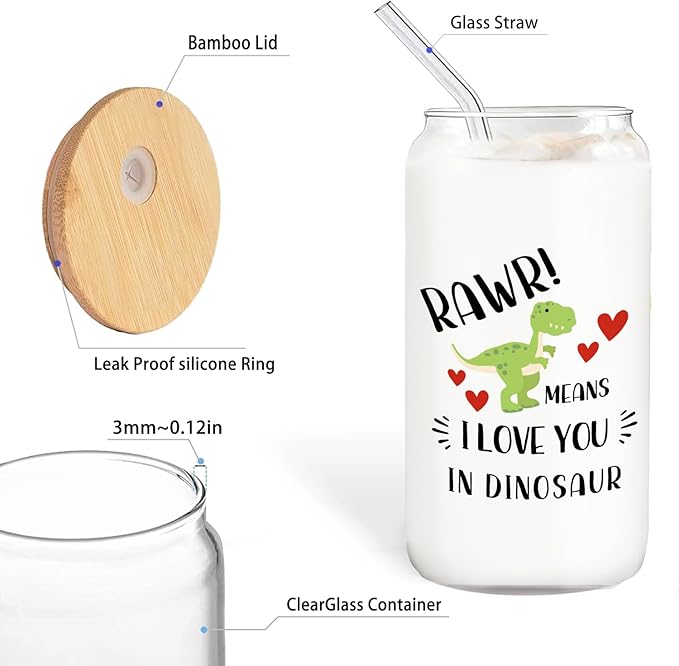 Dinosaur Glass Cup with Lids and Straws 14oz Gifts for Boys Girls Kids Adults, Rawr Means I Love You in Dinosaur Glass Iced Coffee Tumbler Drinking Jars with Cleaning Brush